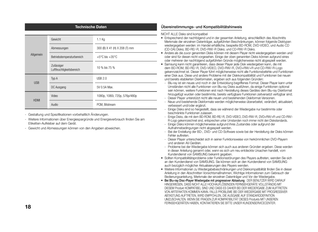 Samsung BD-J4500R/EN manual Technische Daten, Übereinstimmungs- und Kompatibilitätshinweis 