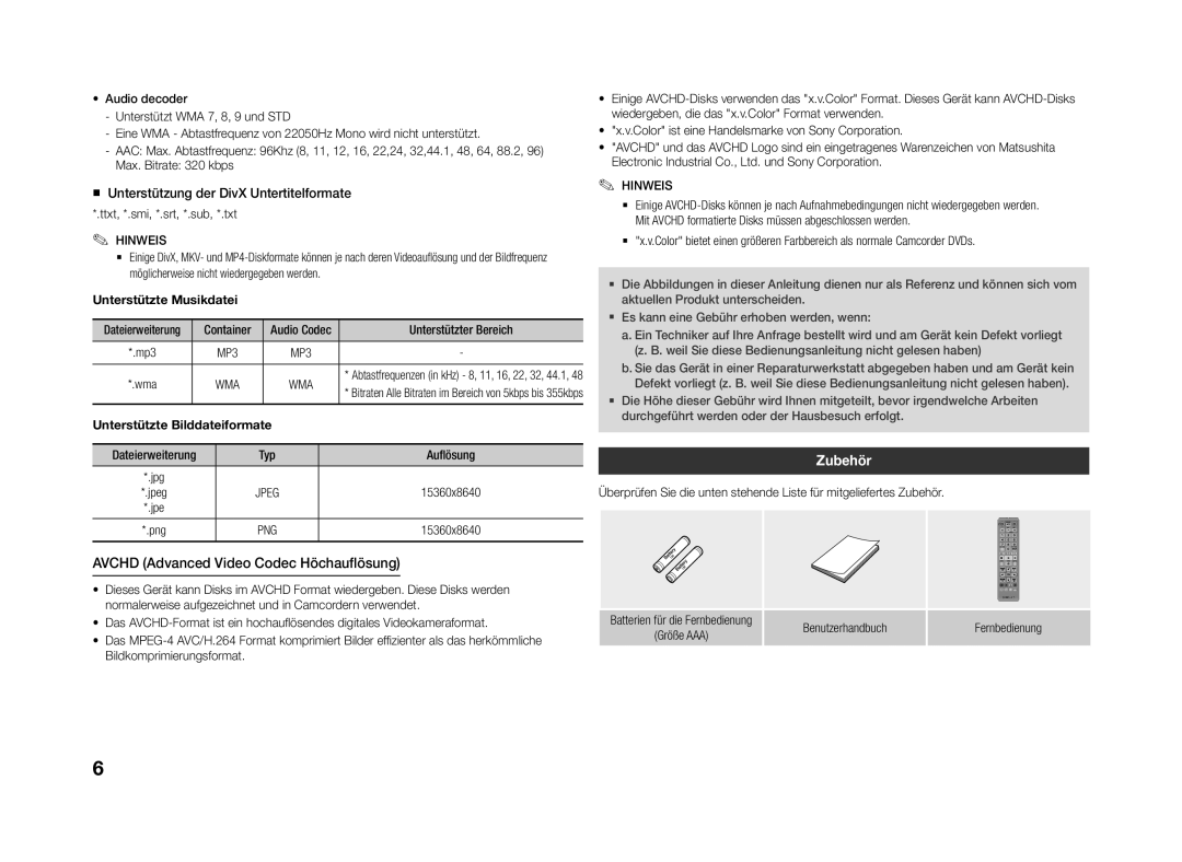 Samsung BD-J4500R/EN manual Avchd Advanced Video Codec Höchauflösung, Zubehör, Wma 