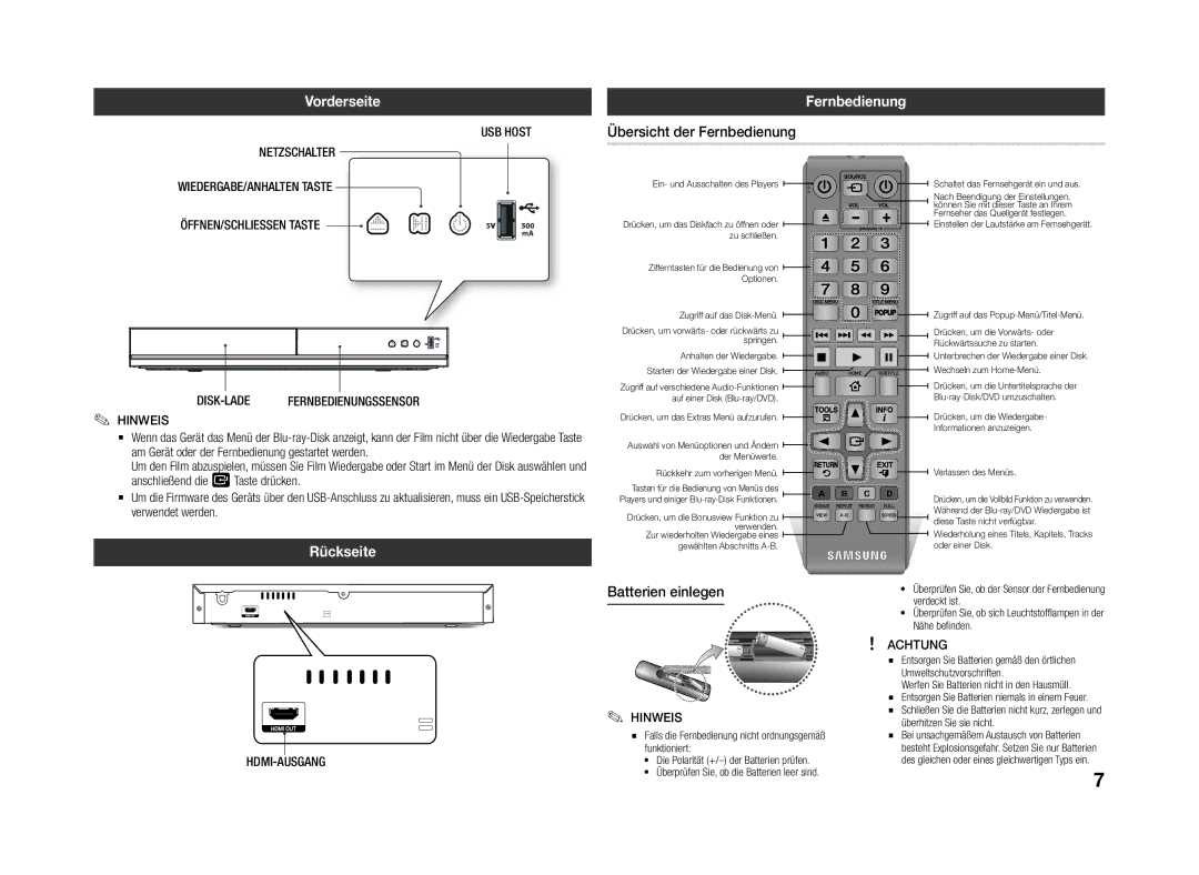 Samsung BD-J4500R/EN manual Vorderseite, Übersicht der Fernbedienung, Rückseite 