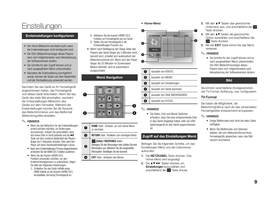 Samsung BD-J4500R/EN manual Ersteinstellungen konfigurieren, Menü Navigation, Zugriff auf das Einstellungen Menü, Bild 