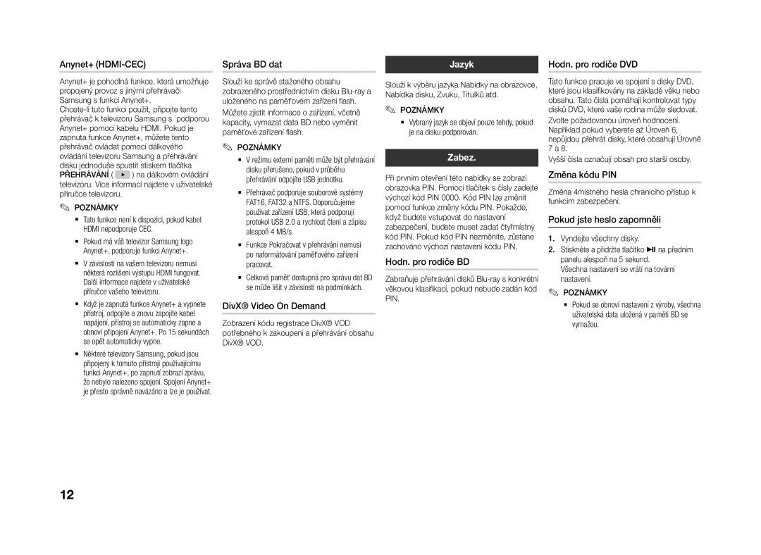 Samsung BD-J4500R/EN manual Jazyk, Zabez 