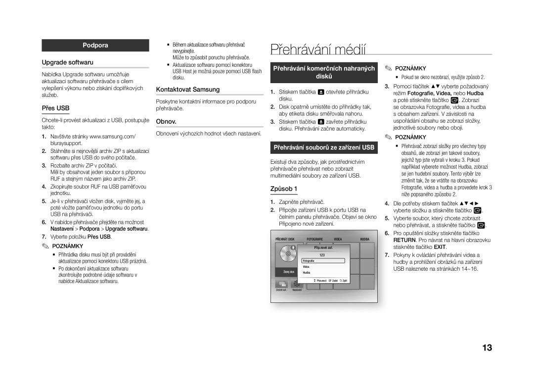 Samsung BD-J4500R/EN manual Přehrávání médií, Podpora, Disků 