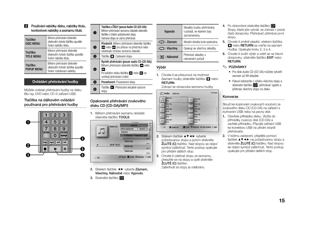 Samsung BD-J4500R/EN manual Ovládání přehrávání hudby, Výběr, Tlačítka na dálkovém ovládání, Konverze 