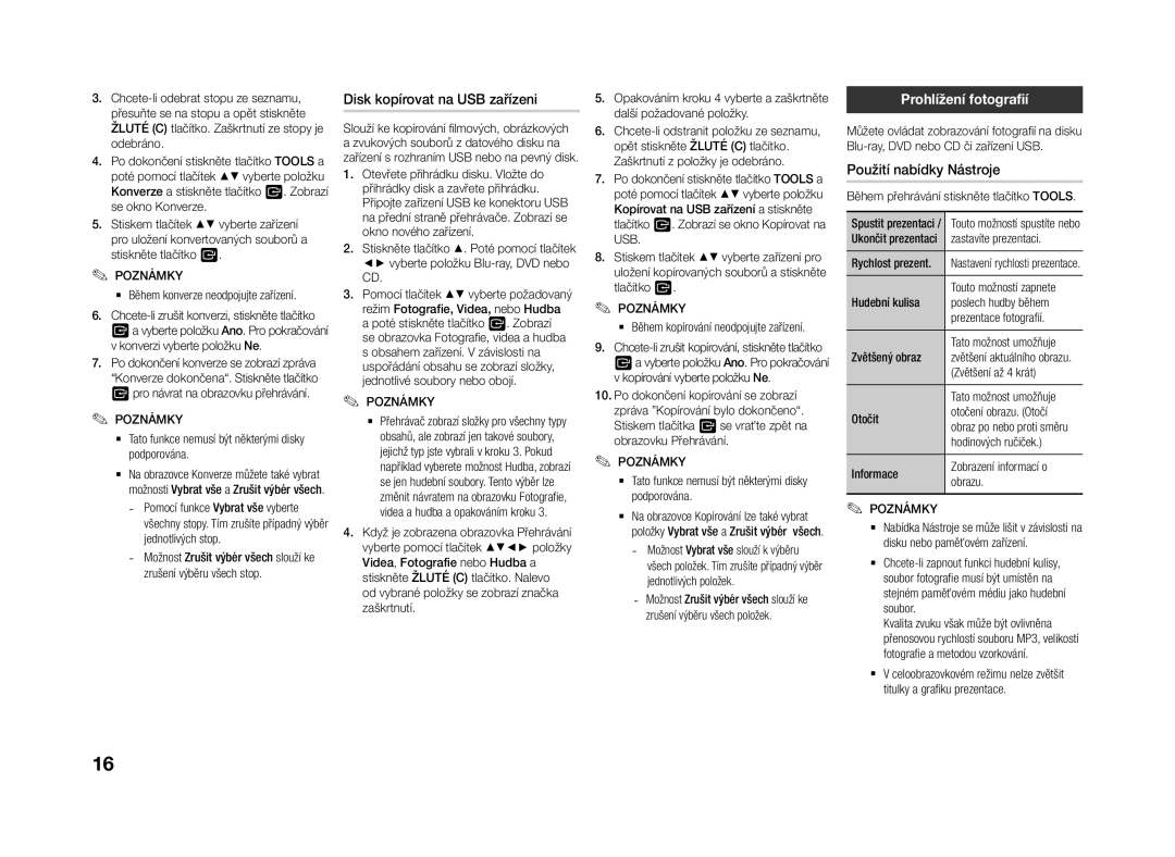 Samsung BD-J4500R/EN manual Disk kopírovat na USB zařízeni, Prohlížení fotografií, Použití nabídky Nástroje 
