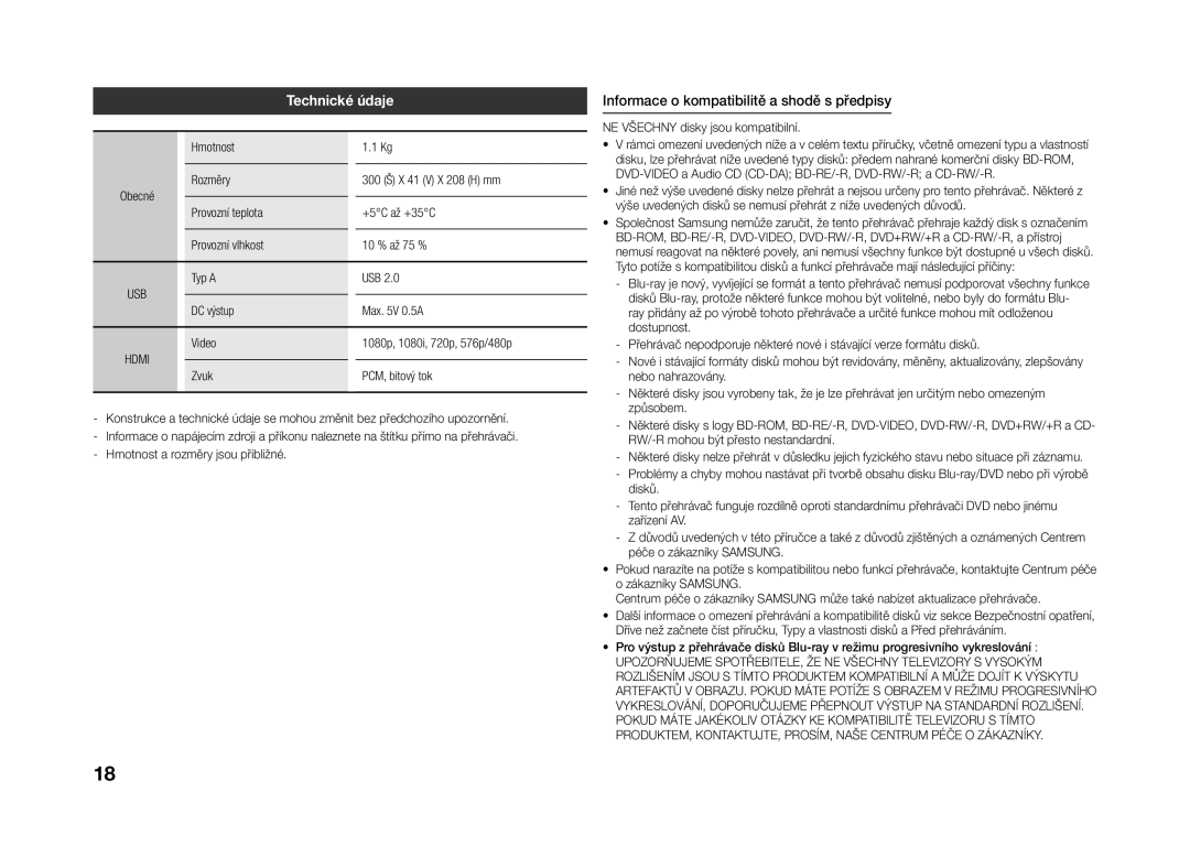 Samsung BD-J4500R/EN manual Technické údaje, Informace o kompatibilitě a shodě s předpisy 