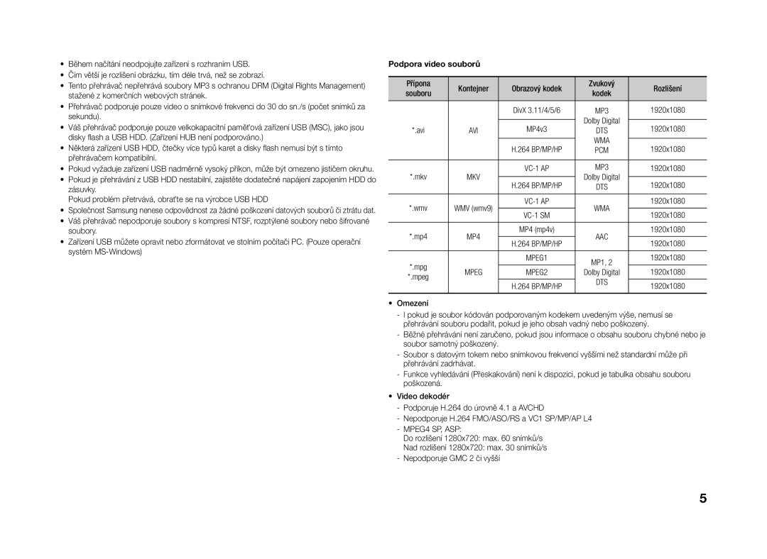 Samsung BD-J4500R/EN manual Podpora video souborů, Přípona Kontejner Obrazový kodek Zvukový Rozlišení, Dts, Omezení 