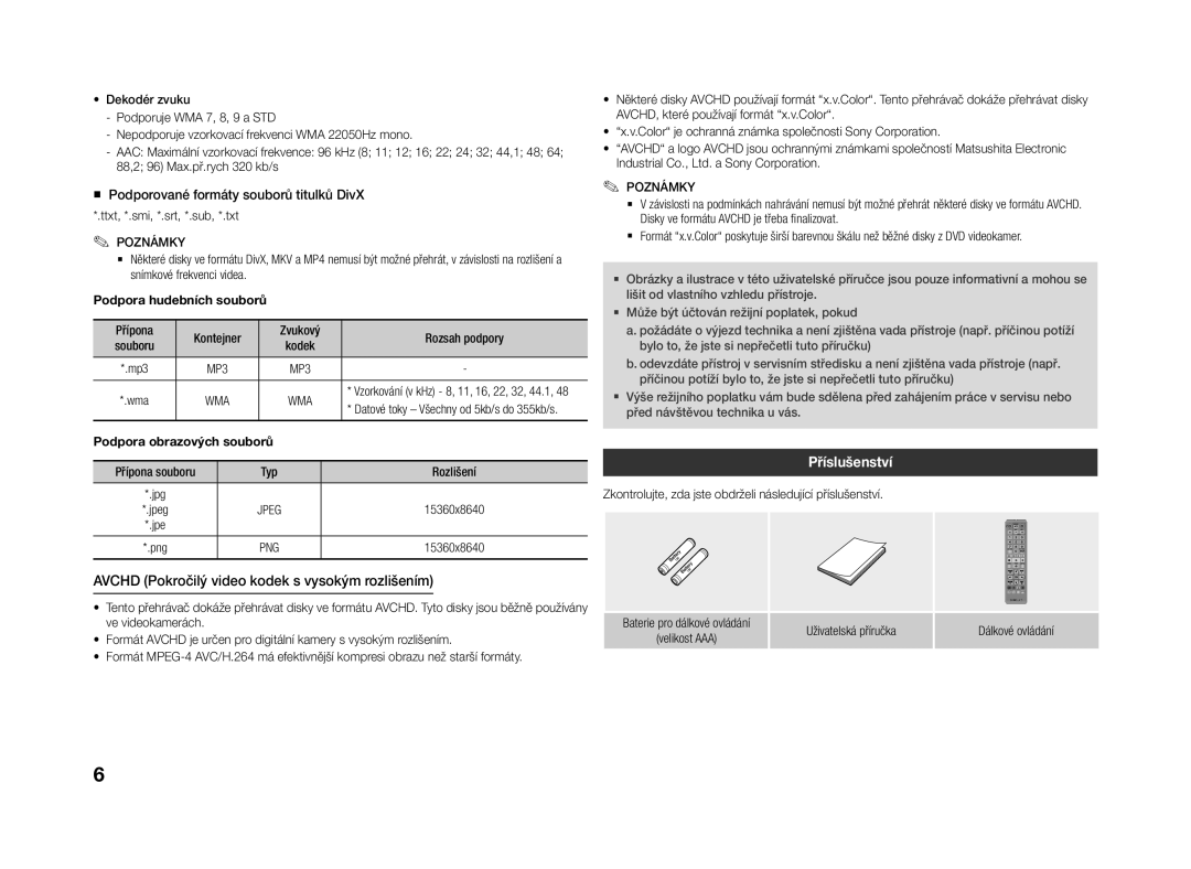 Samsung BD-J4500R/EN manual Avchd Pokročilý video kodek s vysokým rozlišením, Příslušenství, Podpora hudebních souborů 