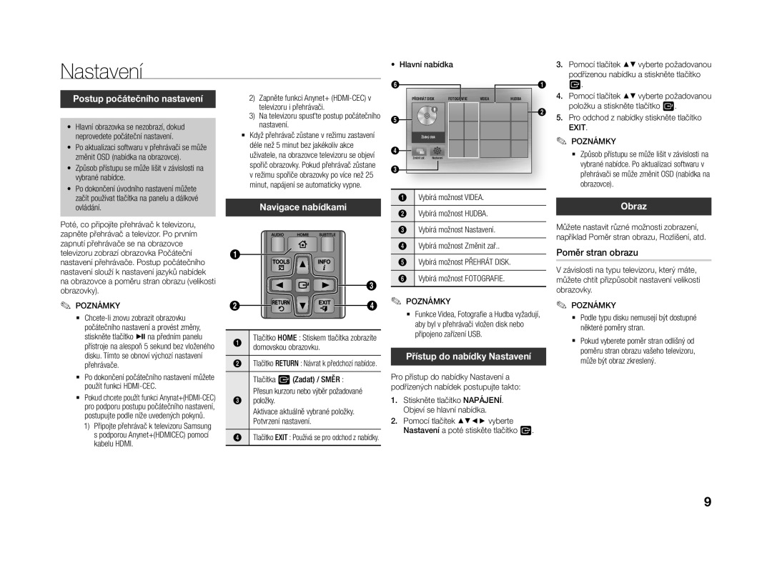 Samsung BD-J4500R/EN manual Postup počátečního nastavení, Navigace nabídkami, Přístup do nabídky Nastavení, Obraz 