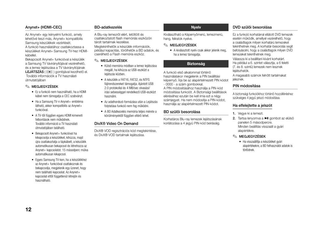 Samsung BD-J4500R/EN manual Nyelv, Biztonság 