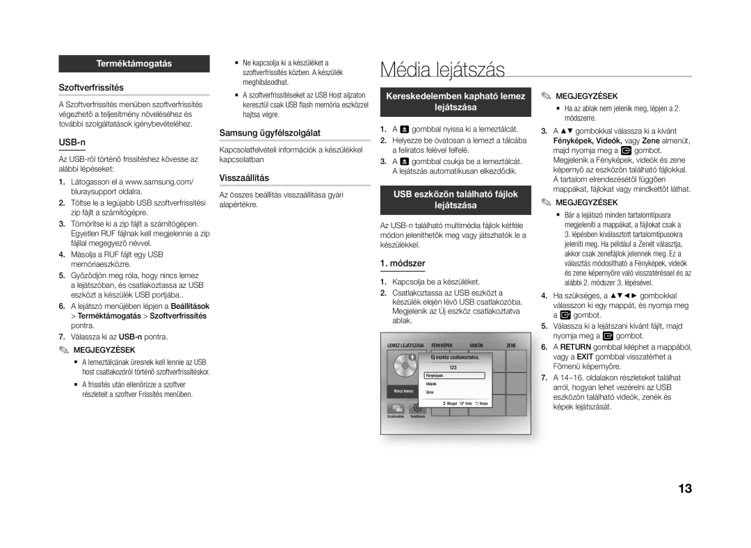 Samsung BD-J4500R/EN manual Média lejátszás, Terméktámogatás, USB eszközön található fájlok Lejátszása 