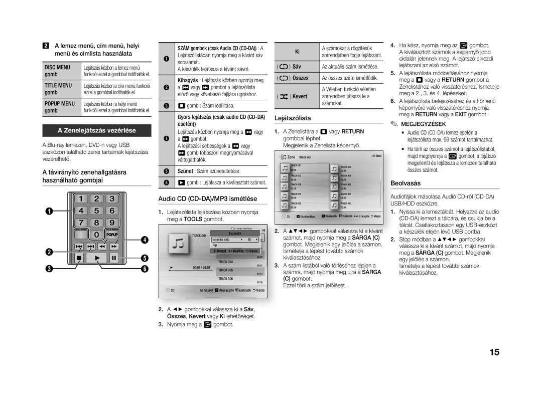 Samsung BD-J4500R/EN manual Zenelejátszás vezérlése, Lejátszólista, Audio CD CD-DA/MP3 ismétlése, Beolvasás 