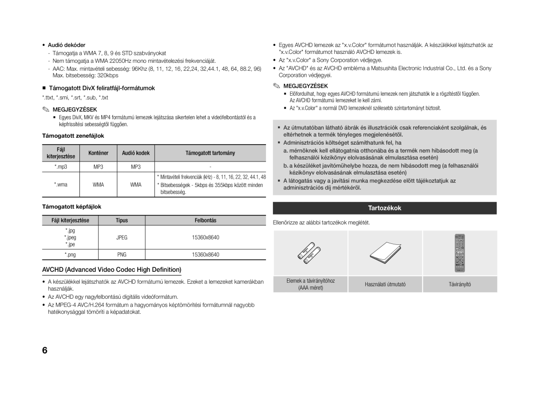 Samsung BD-J4500R/EN manual Avchd Advanced Video Codec High Definition, Tartozékok 