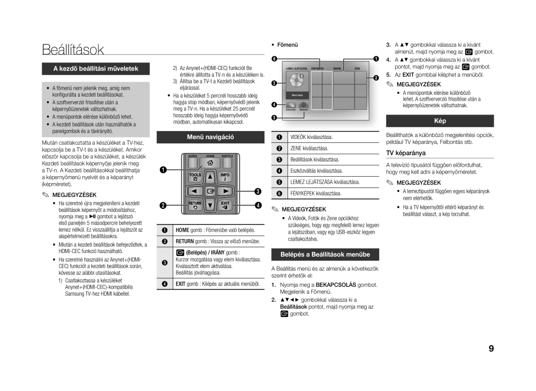 Samsung BD-J4500R/EN manual Kezdő beállítási műveletek, Kép, Menü navigáció, Belépés a Beállítások menübe 