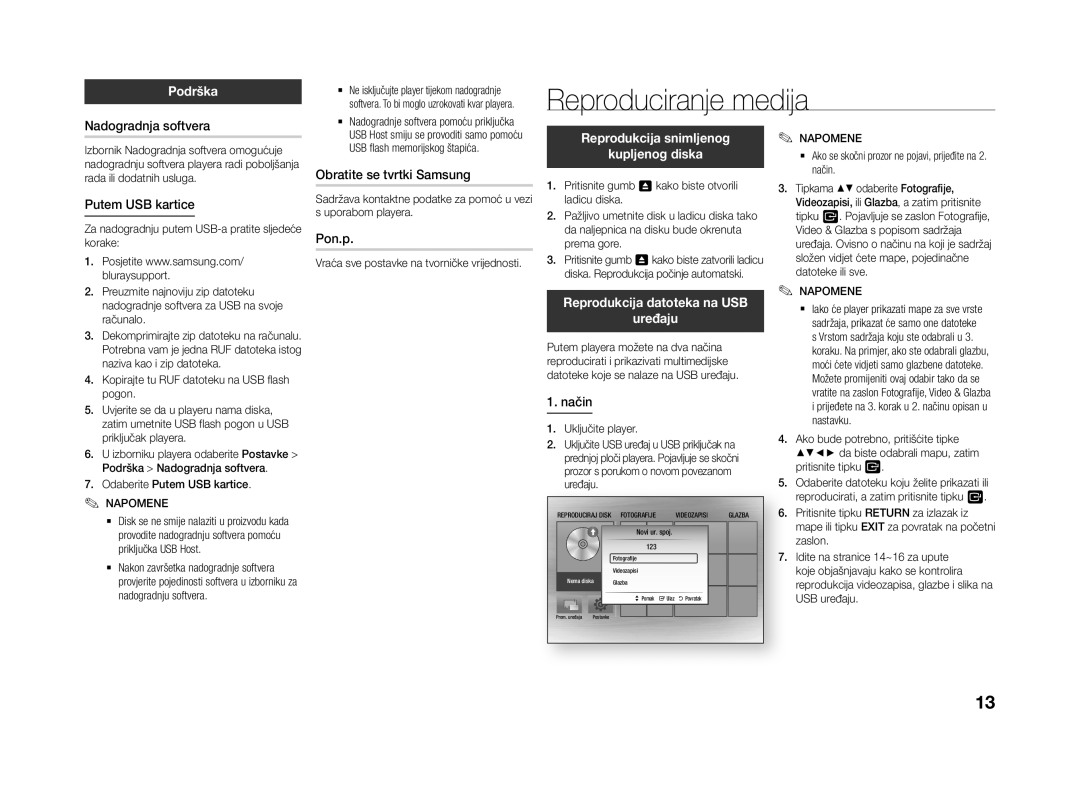 Samsung BD-J4500R/EN manual Reproduciranje medija, Podrška, Reprodukcija snimljenog Kupljenog diska 