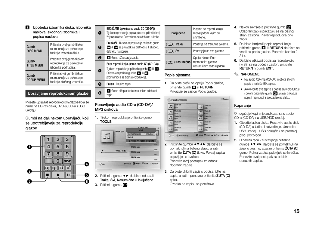 Samsung BD-J4500R/EN manual Popis pjesama, Upravljanje reprodukcijom glazbe, Kopiranje, Glazbe 