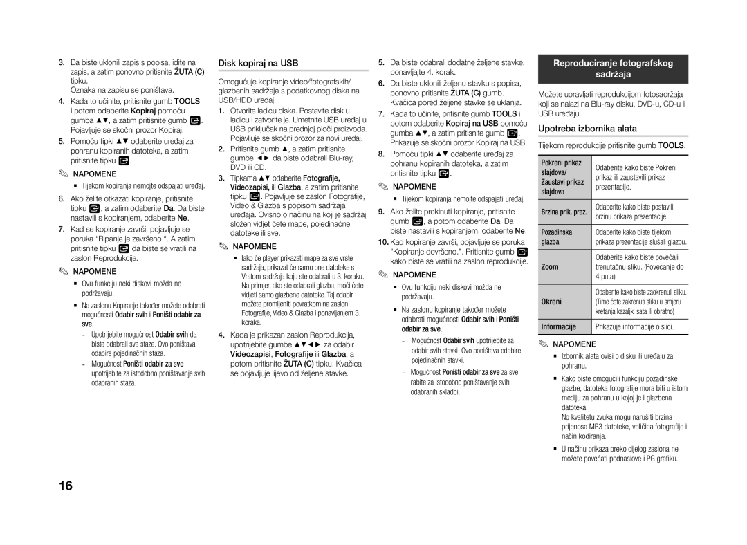 Samsung BD-J4500R/EN manual Disk kopiraj na USB, Reproduciranje fotografskog Sadržaja, Upotreba izbornika alata 