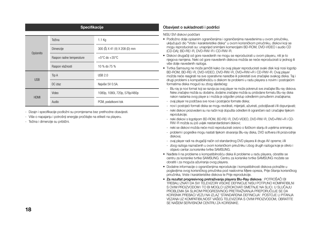 Samsung BD-J4500R/EN manual Specifikacije, Obavijest o sukladnosti i podršci, SE Našem Servisnom Centru ZA Korisnike 