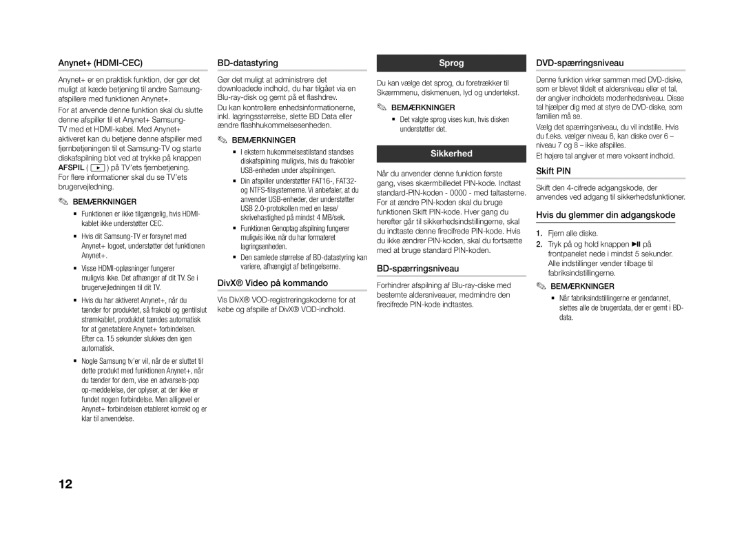 Samsung BD-J4500R/XE manual Sprog, Sikkerhed 