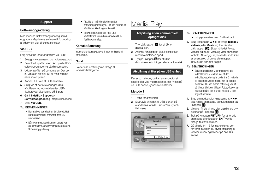 Samsung BD-J4500R/XE manual Media Play, Support, Afspilning af en kommercielt Optaget disk 