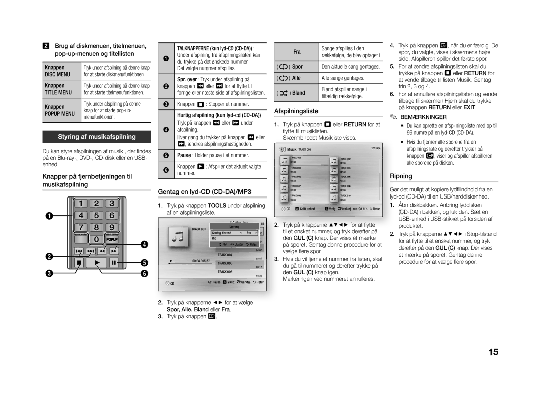 Samsung BD-J4500R/XE manual Styring af musikafspilning, Afspilningsliste, Gentag en lyd-CD CD-DA/MP3, Ripning 