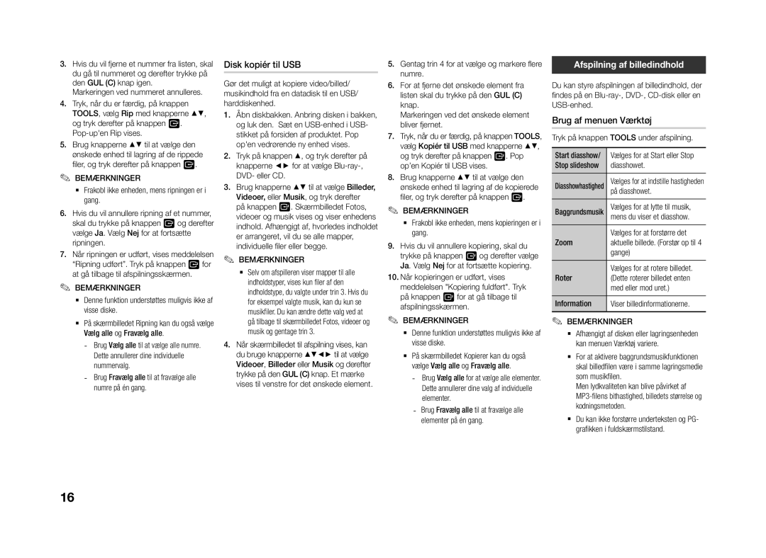 Samsung BD-J4500R/XE manual Disk kopiér til USB, Afspilning af billedindhold, Brug af menuen Værktøj 