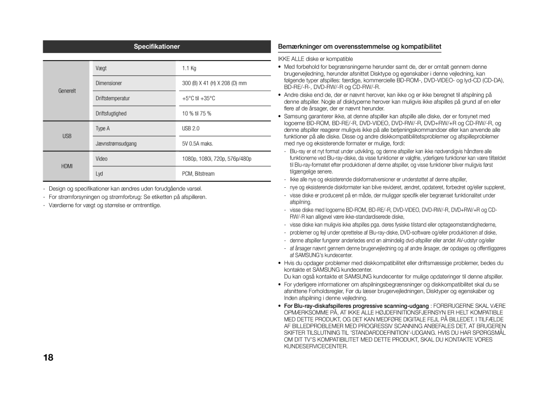 Samsung BD-J4500R/XE Bemærkninger om overensstemmelse og kompatibilitet, Vægt, Type a USB Jævnstrømsudgang 5V 0.5A maks 
