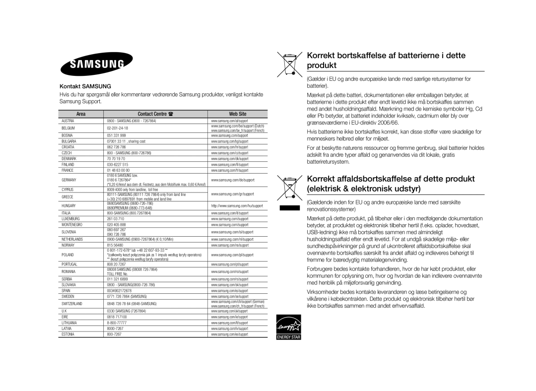 Samsung BD-J4500R/XE manual Korrekt bortskaffelse af batterierne i dette produkt 