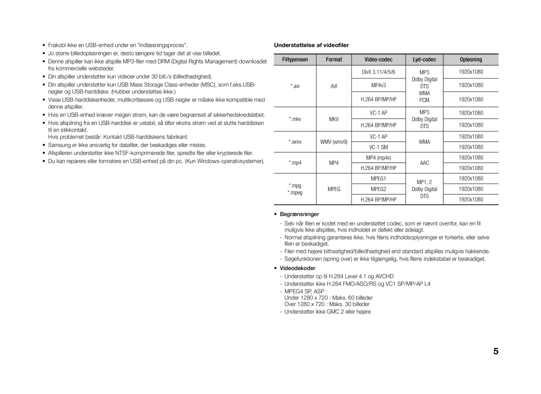 Samsung BD-J4500R/XE manual Filtypenavn Format Video-codec Lyd-codec Opløsning, 1920x1080, MPEG4 SP, ASP 