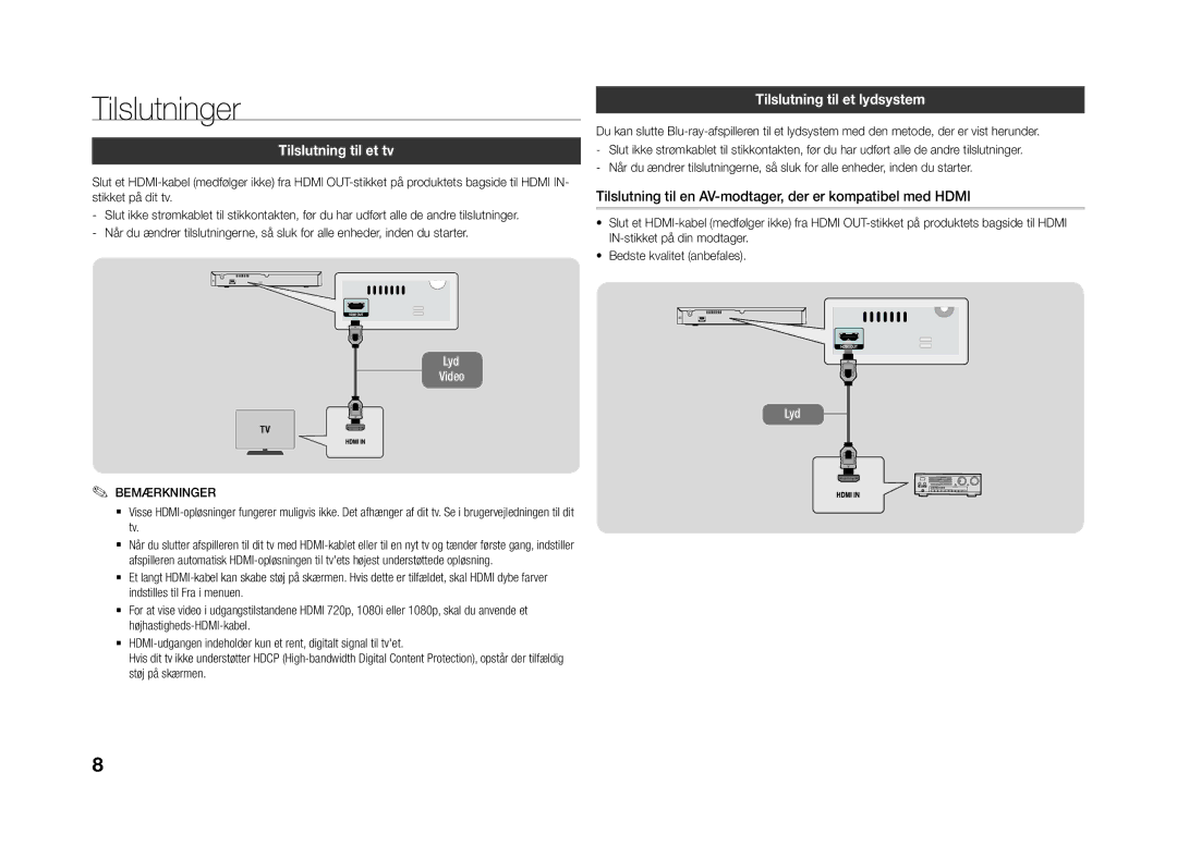 Samsung BD-J4500R/XE manual Tilslutninger, Tilslutning til et tv, Tilslutning til et lydsystem 