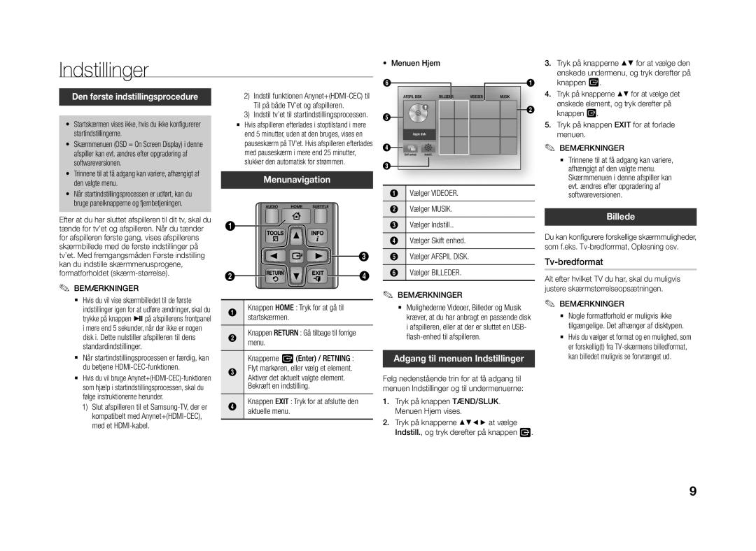 Samsung BD-J4500R/XE manual Den første indstillingsprocedure, Menunavigation, Adgang til menuen Indstillinger, Billede 