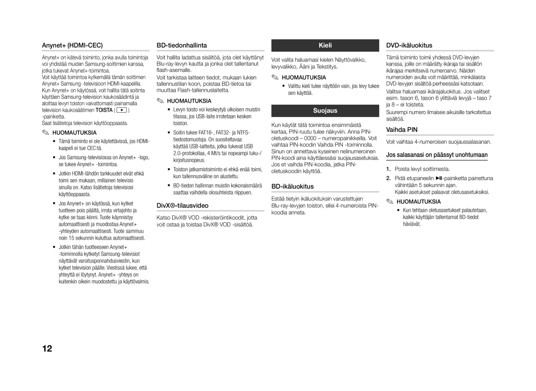 Samsung BD-J4500R/XE manual Kieli, Suojaus 