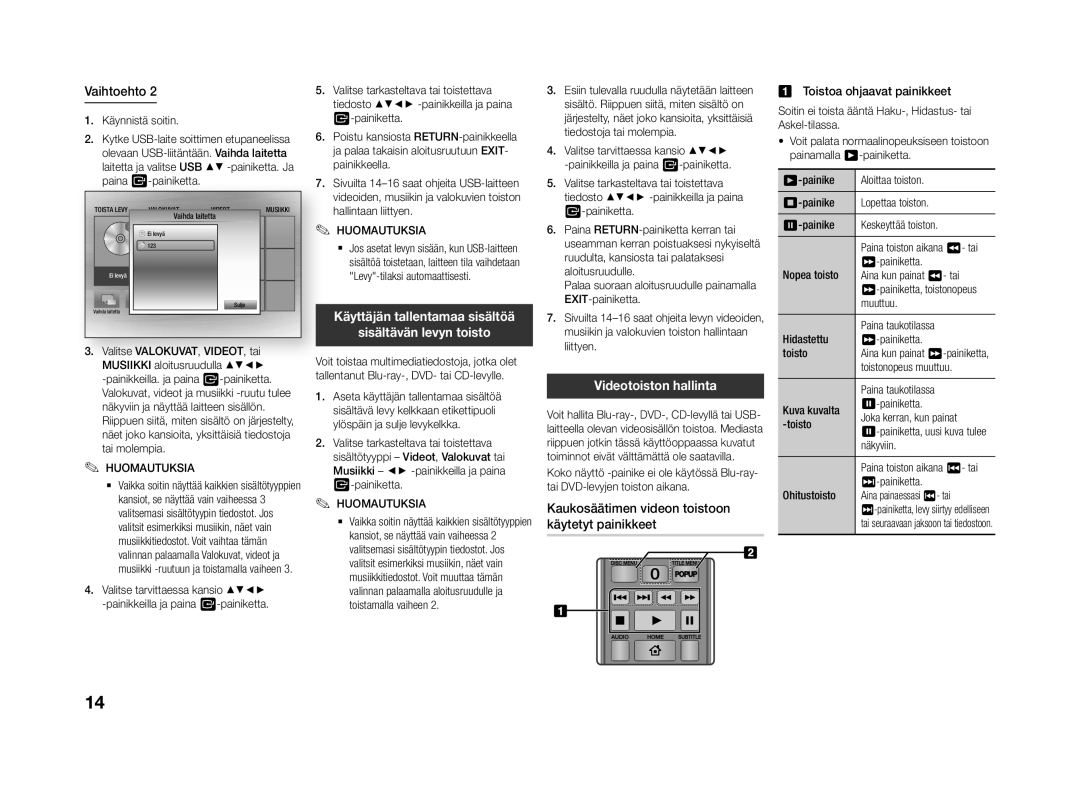 Samsung BD-J4500R/XE manual Käyttäjän tallentamaa sisältöä Sisältävän levyn toisto, Videotoiston hallinta 