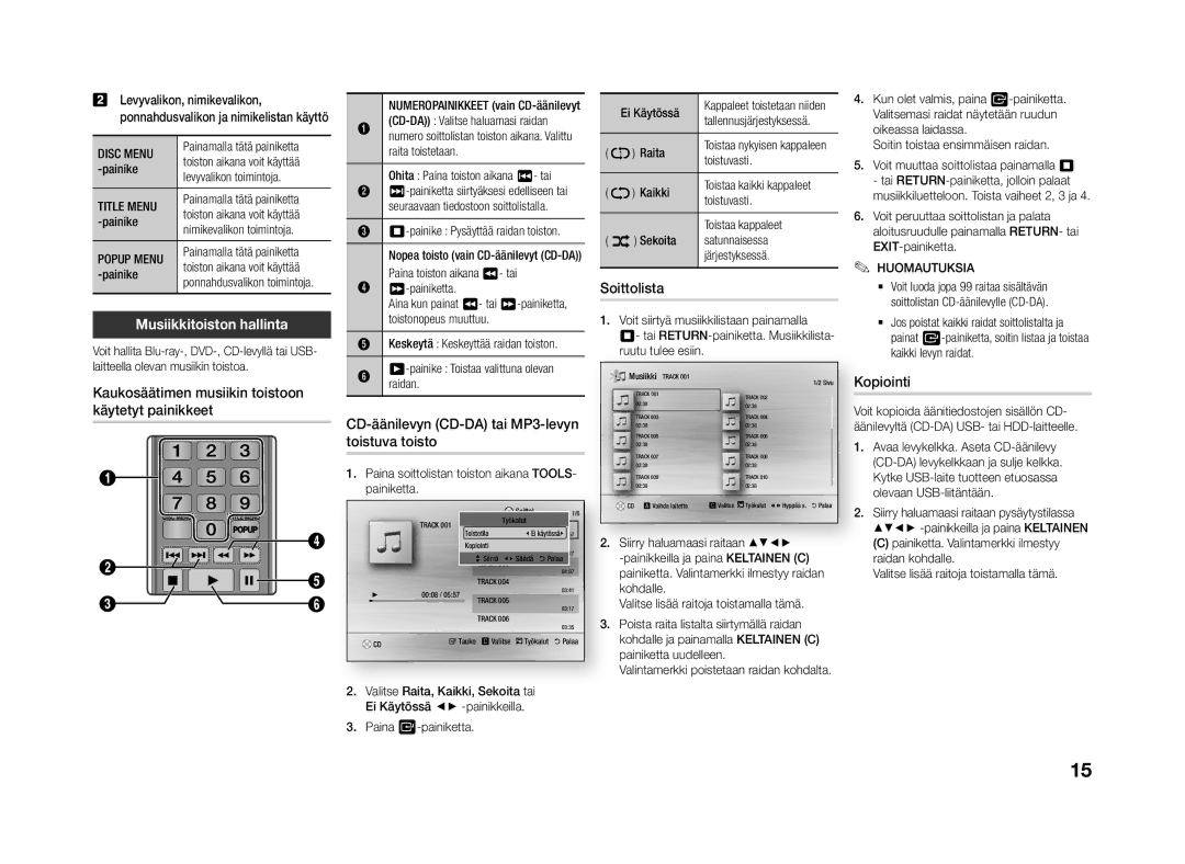 Samsung BD-J4500R/XE Musiikkitoiston hallinta, Soittolista, Kaukosäätimen musiikin toistoon käytetyt painikkeet, Kopiointi 