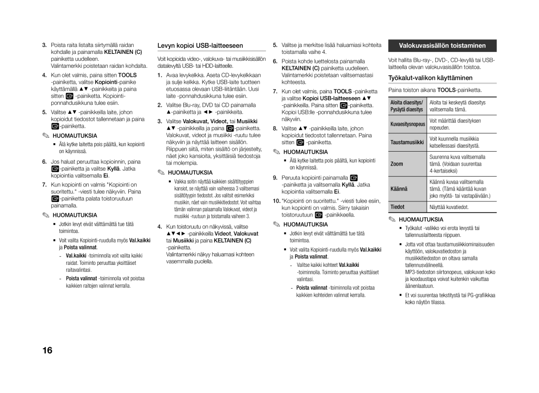 Samsung BD-J4500R/XE manual Levyn kopioi USB-laitteeseen, Valokuvasisällön toistaminen, Työkalut-valikon käyttäminen 