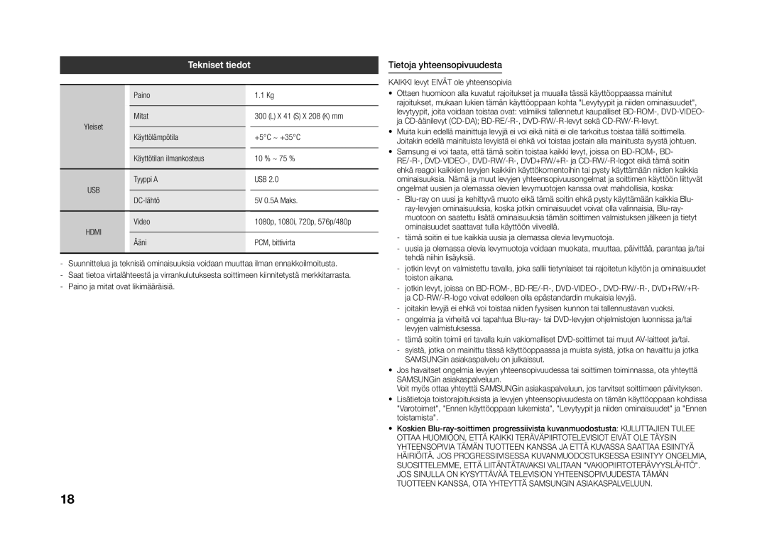 Samsung BD-J4500R/XE manual Tekniset tiedot, Tietoja yhteensopivuudesta, Paino, Tyyppi a USB DC-lähtö 5V 0.5A Maks 