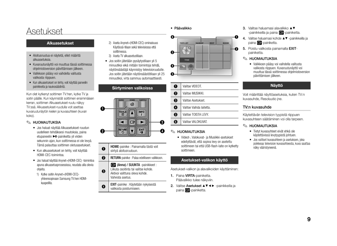 Samsung BD-J4500R/XE manual Alkuasetukset, Siirtyminen valikoissa, Asetukset-valikon käyttö, Näyttö 