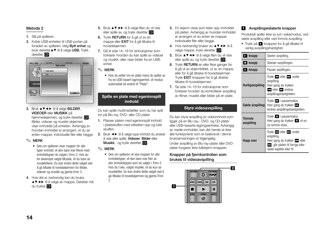 Samsung BD-J4500R/XE manual Innhold, Styre videoavspilling, Knapper på fjernkontrollen som brukes til videoavspilling 