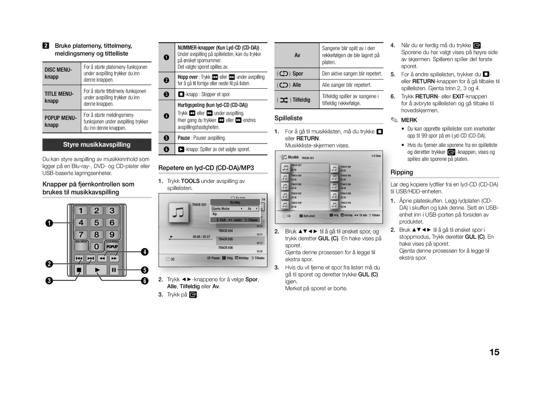 Samsung BD-J4500R/XE manual Styre musikkavspilling, Spilleliste, Repetere en lyd-CD CD-DA/MP3, Disc Menu, Title Menu 