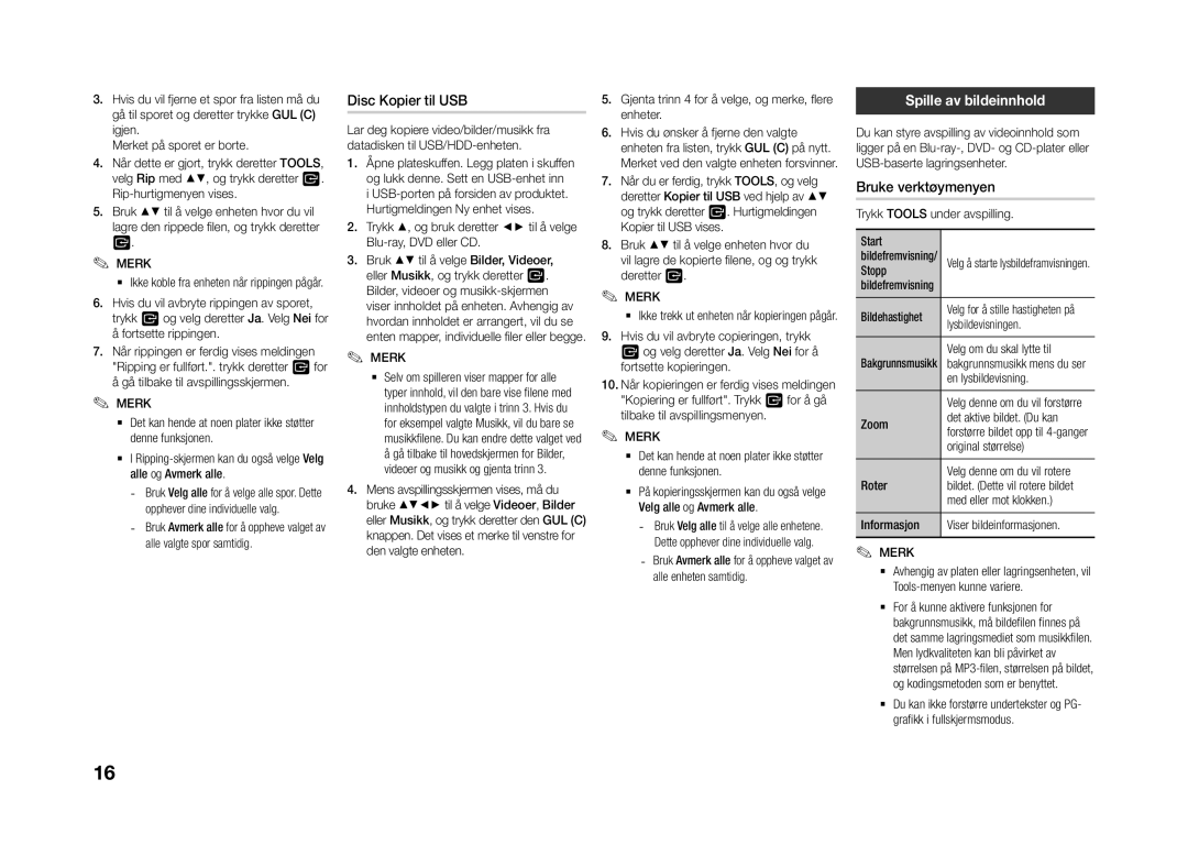 Samsung BD-J4500R/XE manual Disc Kopier til USB, Spille av bildeinnhold, Bruke verktøymenyen 