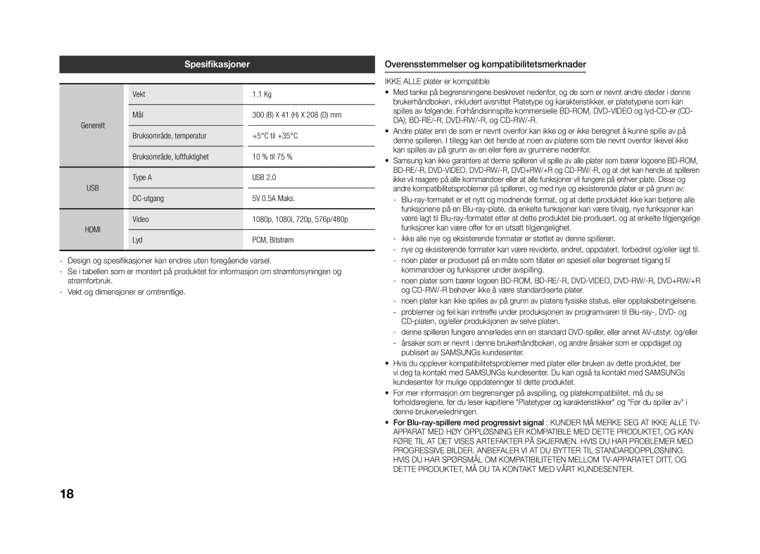 Samsung BD-J4500R/XE manual Spesifikasjoner, Overensstemmelser og kompatibilitetsmerknader, Vekt 