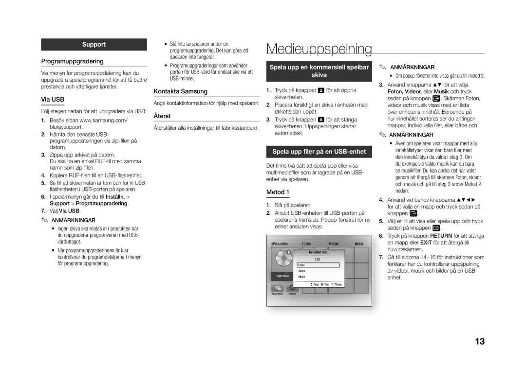 Samsung BD-J4500R/XE manual Medieuppspelning, Support, Skiva, Spela upp filer på en USB-enhet 