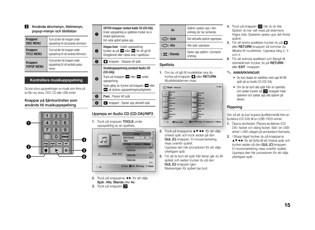 Samsung BD-J4500R/XE manual Spellista, Kontrollera musikuppspelning, Upprepa en Audio CD CD-DA/MP3, Rippning, Popup Menu 