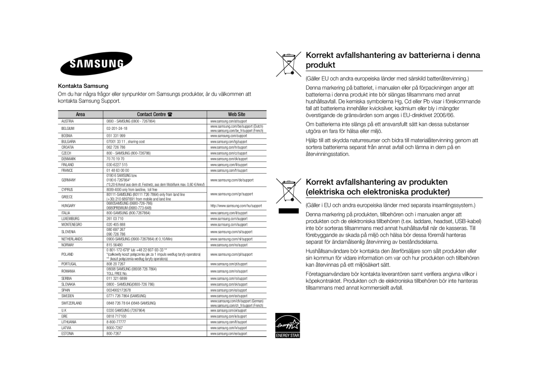 Samsung BD-J4500R/XE manual Korrekt avfallshantering av batterierna i denna produkt 