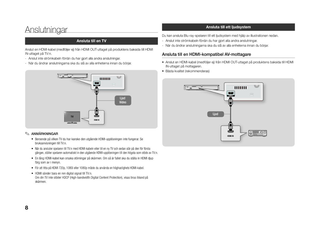 Samsung BD-J4500R/XE manual Anslutningar, Ansluta till en TV, Ansluta till ett ljudsystem 