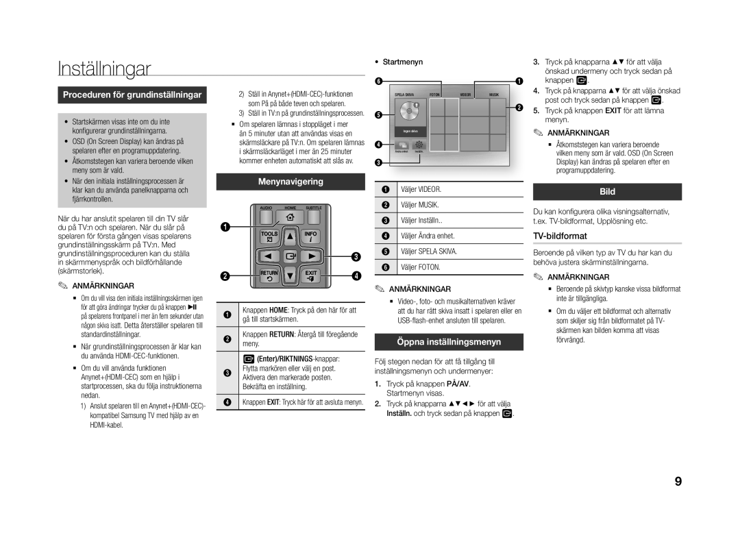 Samsung BD-J4500R/XE manual Inställningar, Proceduren för grundinställningar, Menynavigering, Öppna inställningsmenyn, Bild 