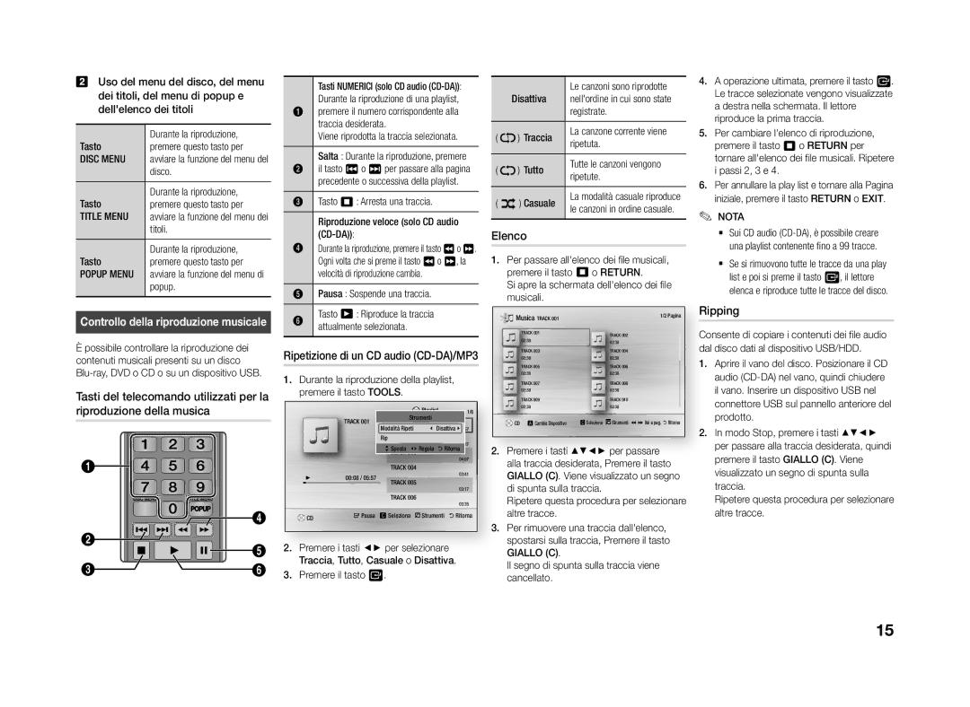 Samsung BD-J4500R/ZF manual Elenco, Tasti del telecomando utilizzati per la, Ripetizione di un CD audio CD-DA/MP3, Ripping 