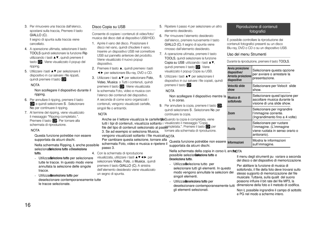 Samsung BD-J4500R/ZF manual Disco Copia su USB, Riproduzione di contenuti Fotografici, Uso del menu Strumenti 