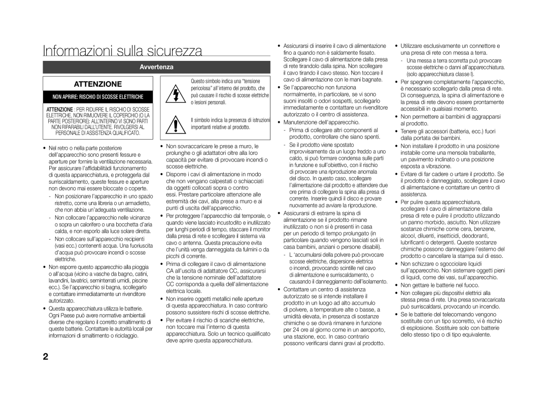 Samsung BD-J4500R/ZF manual Informazioni sulla sicurezza, Avvertenza 