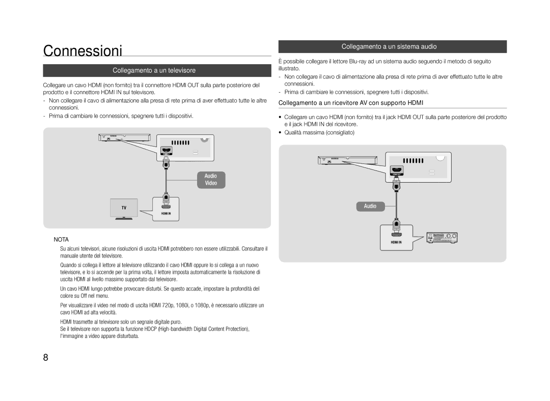 Samsung BD-J4500R/ZF manual Connessioni, Collegamento a un televisore, Collegamento a un sistema audio 