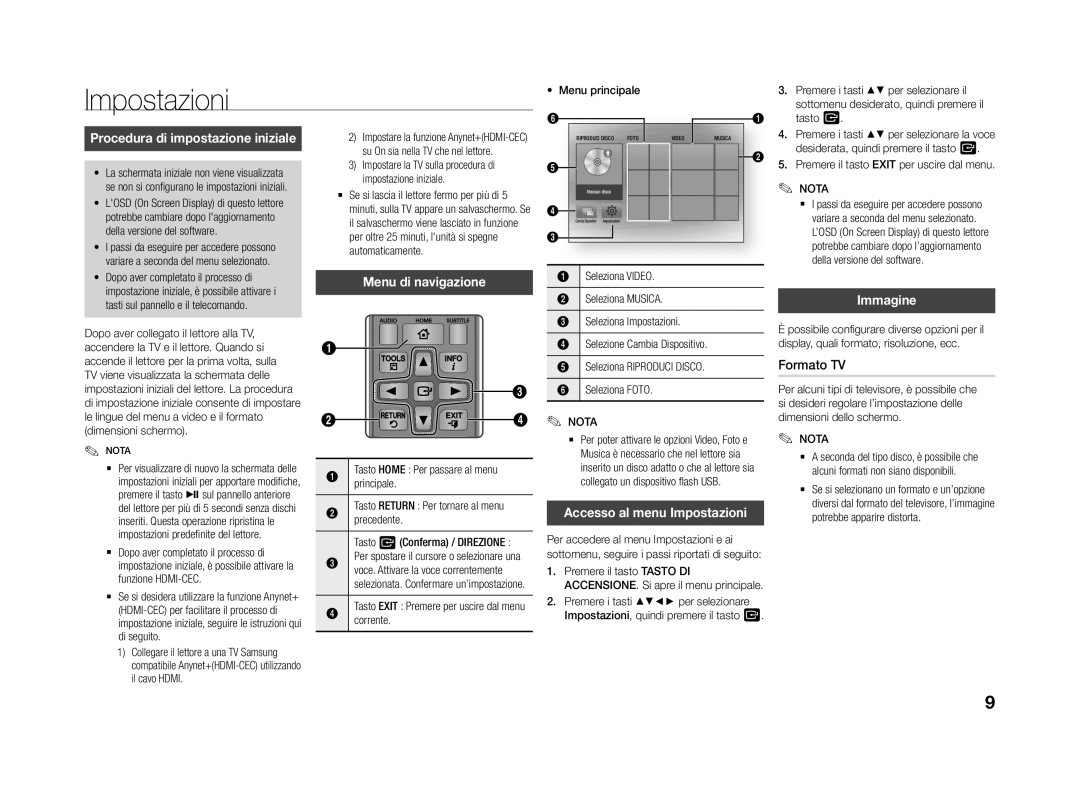 Samsung BD-J4500R/ZF Procedura di impostazione iniziale, Menu di navigazione, Accesso al menu Impostazioni, Immagine 